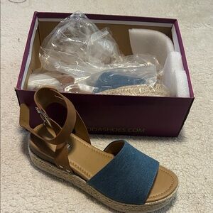 Soda Blue Canvas Espadrille Sandal with Brown Ankle Strap